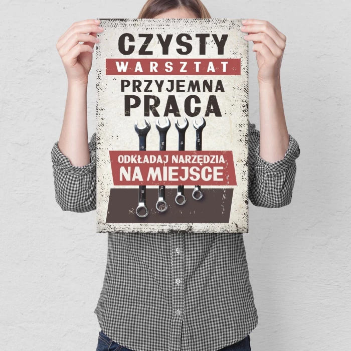 Plakat metalowy czysty warsztat Prezent
