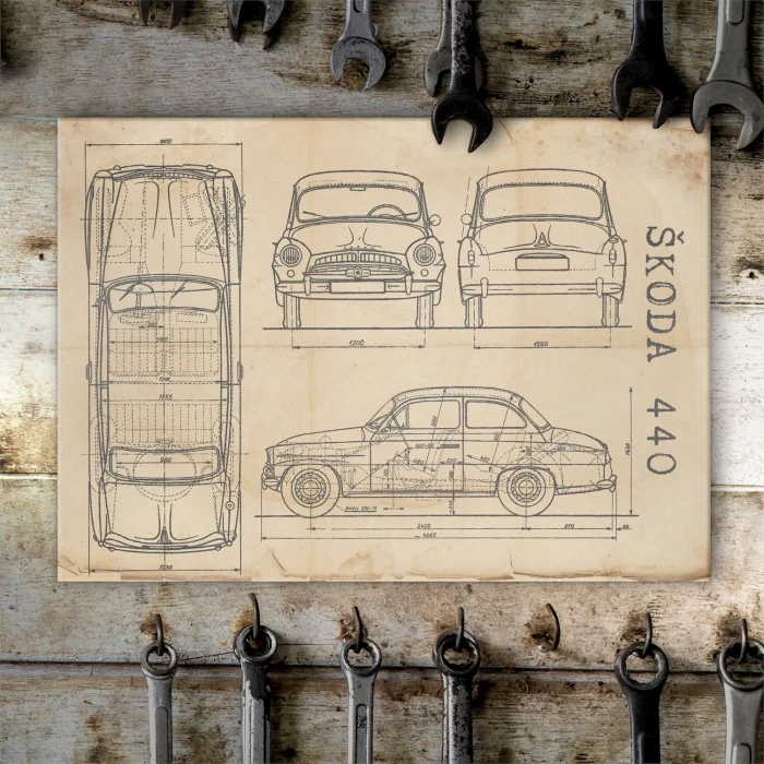 Plakat metalowy Skoda 440 Samochód Auto Motoryzacja Patent Retro Prezent