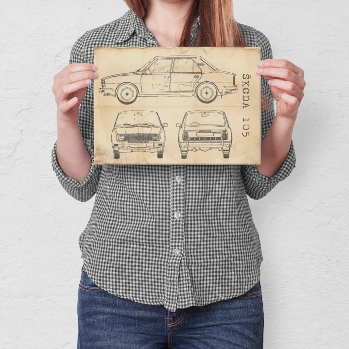 Plakat metalowy Skoda 105 Samochód Auto Motoryzacja Patent Retro Prezent