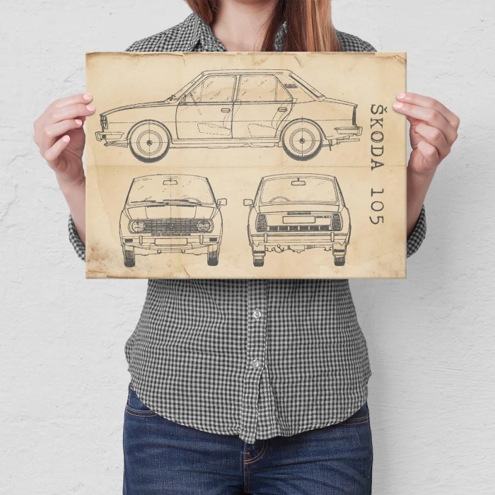 Plakat metalowy Skoda 105 Samochód Auto Motoryzacja Patent Retro Prezent