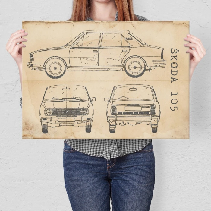 Plakat metalowy Skoda 105 Samochód Auto Motoryzacja Patent Retro Prezent