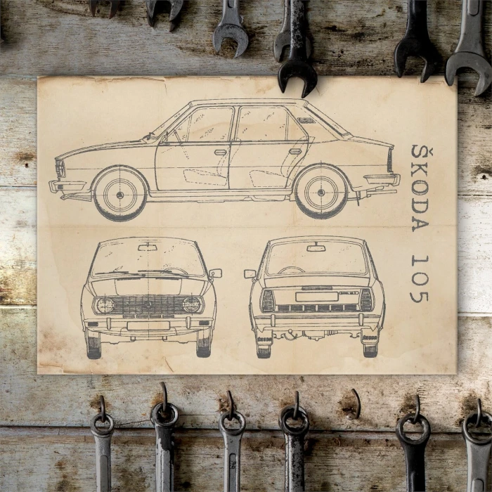 Plakat metalowy Skoda 105 Samochód Auto Motoryzacja Patent Retro Prezent