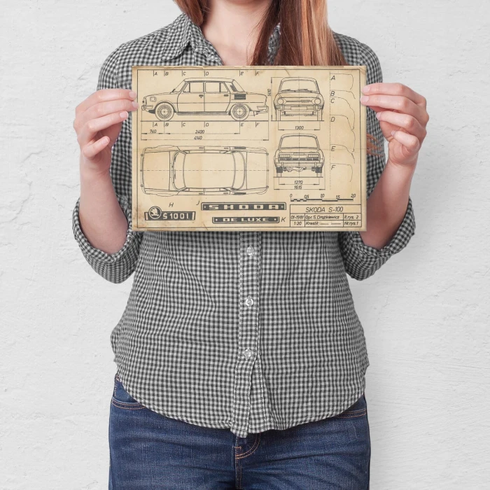 Plakat metalowy Skoda 100 Samochód Auto Motoryzacja Patent Retro Prezent