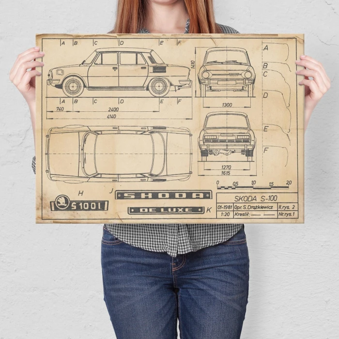 Plakat metalowy Skoda 100 Samochód Auto Motoryzacja Patent Retro Prezent