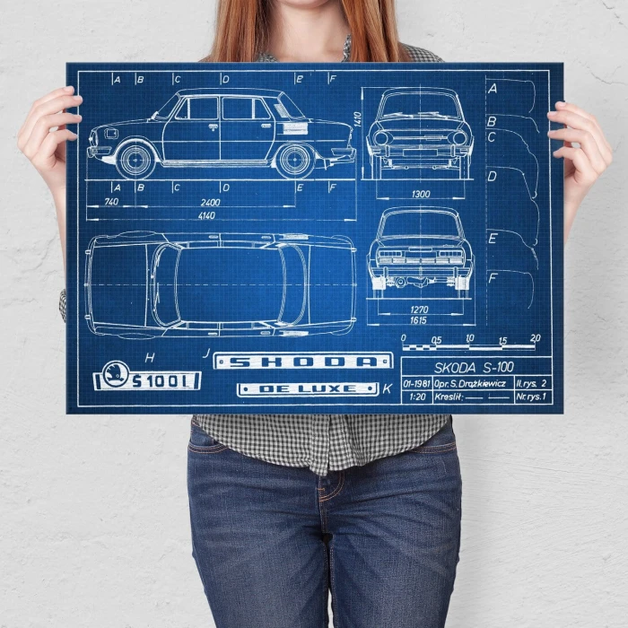 Plakat metalowy Skoda 100 Samochód Auto Motoryzacja Patent Tech Prezent