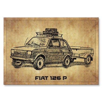 Plakat metalowy Fiat 126p z przyczepką Prezent