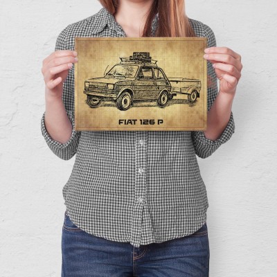 Plakat metalowy Fiat 126p z przyczepką Prezent