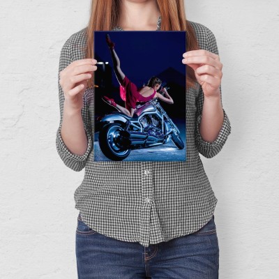 Plakat metalowy Kobieta na motocyklu Prezent